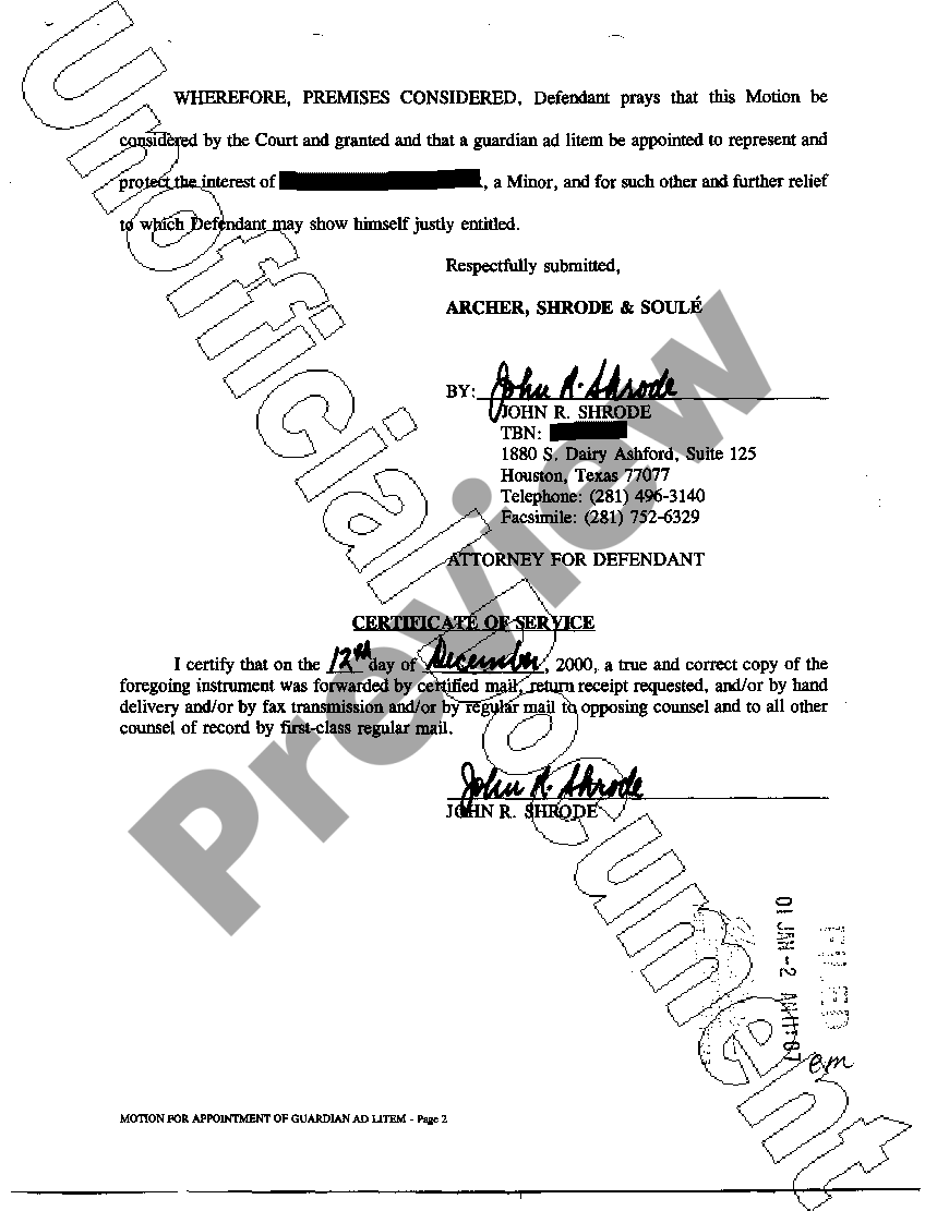 Amarillo Texas Motion For Appointment of Guardian Ad Litem US Legal Forms