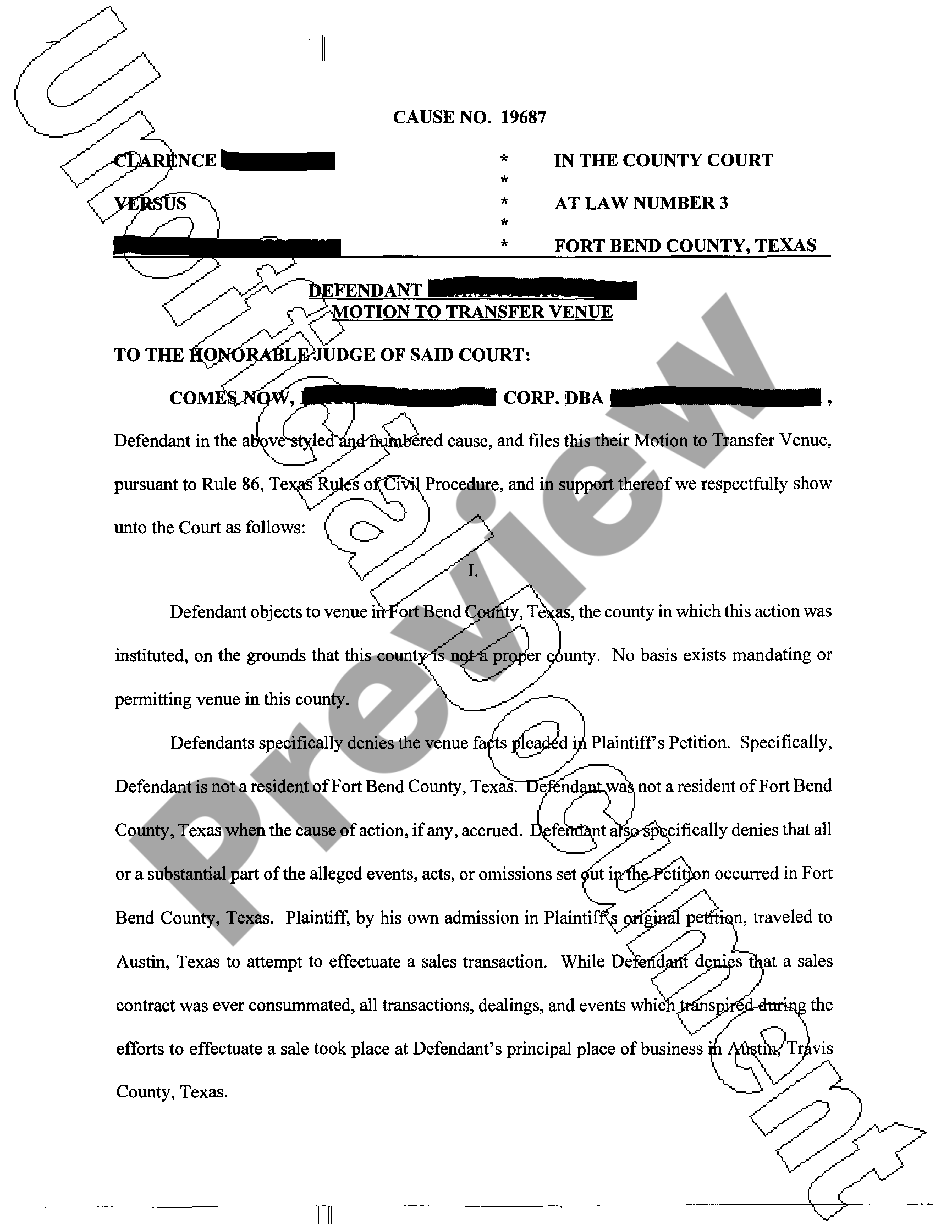 League City Texas Defendant Motion To Transfer Venue - Motion To