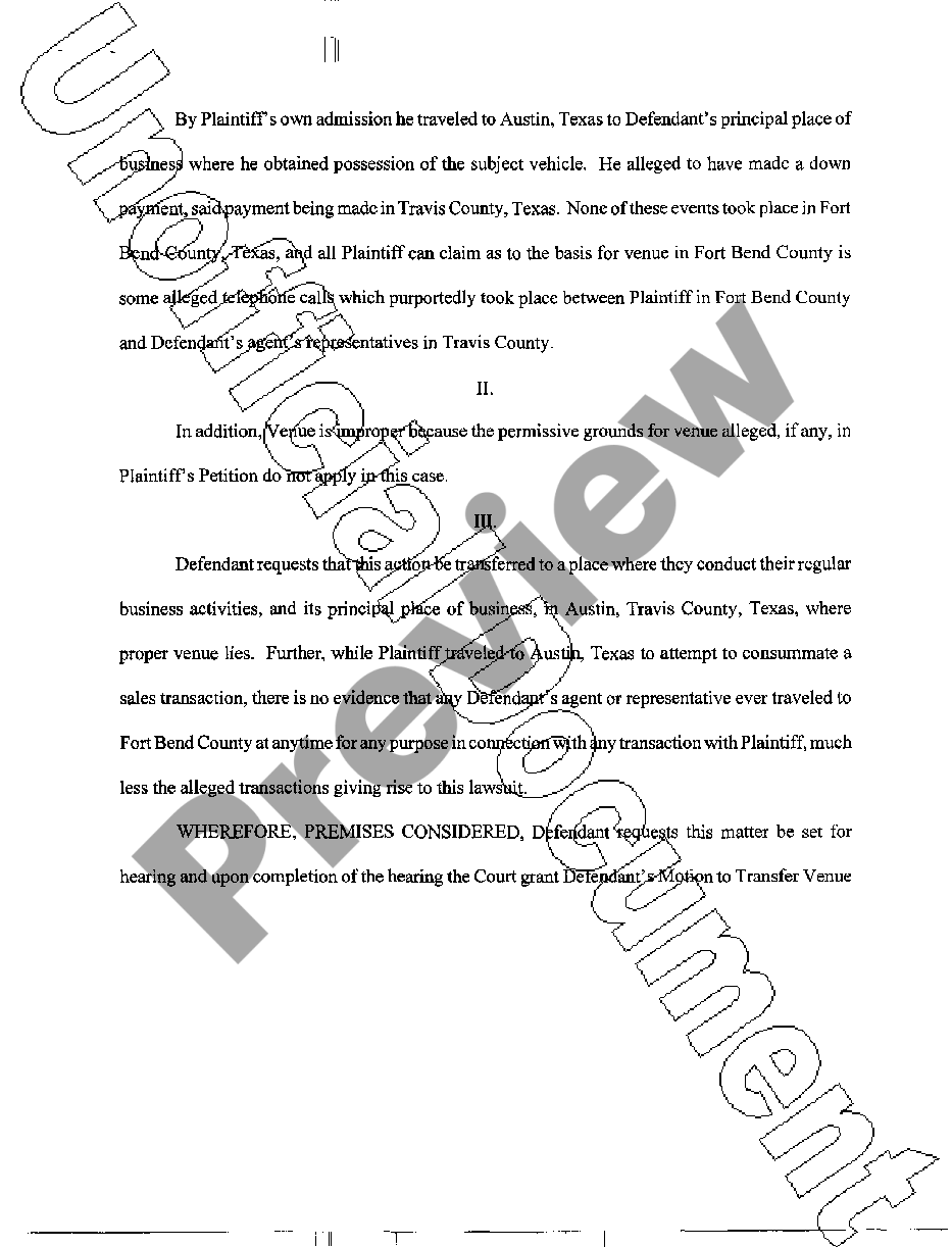 League City Texas Defendant Motion To Transfer Venue - Motion To