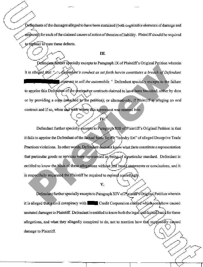 Preview A18 Defendants Special Exceptions To Petition