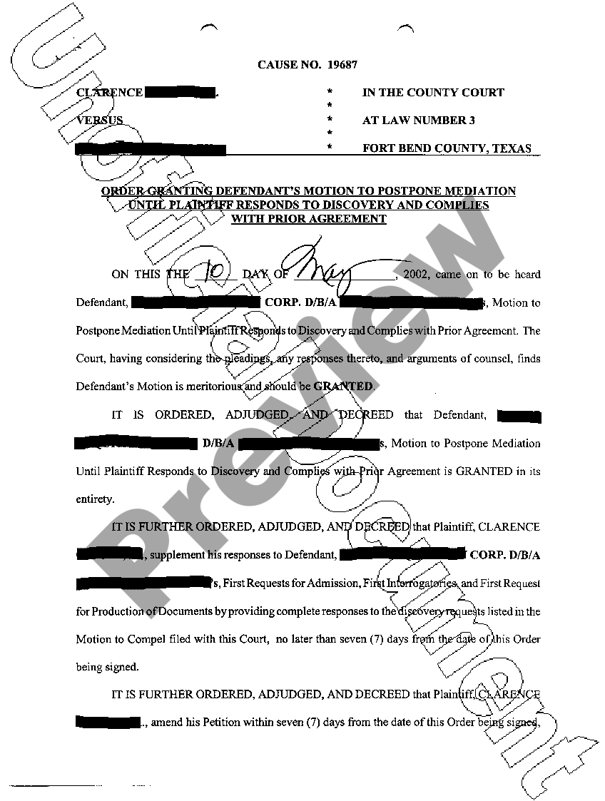 Houston Texas Order Granting Defendants Motion To Postpone Mediation
