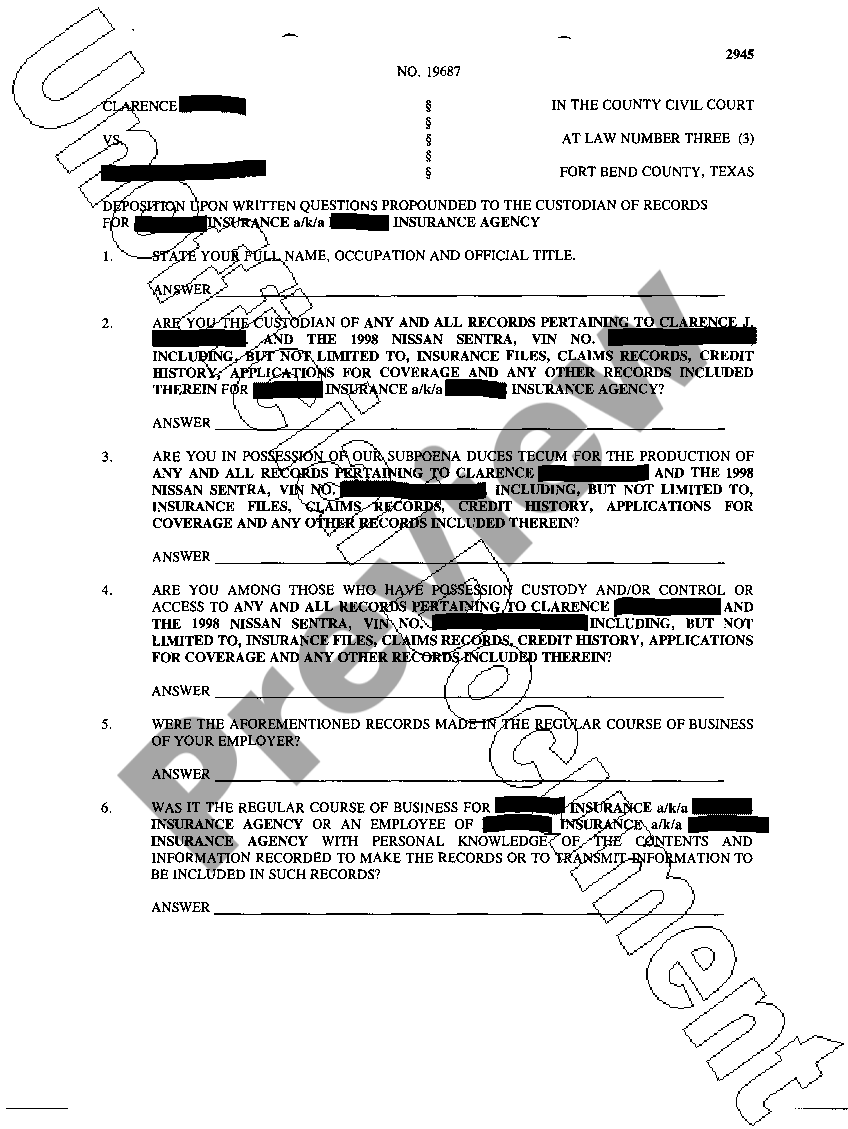 Corpus Christi Texas Notice Of Deposition Upon Written Questions US 