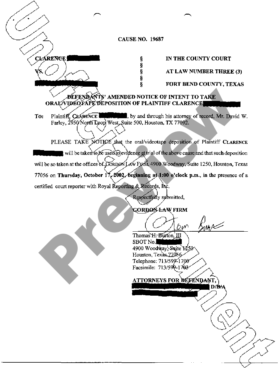 Waco Texas Defendants Amended Notice Of Intent To Take Deposition | US ...