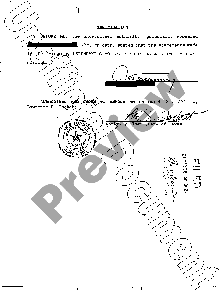 Plano Texas Defendants Motion For Continuance US Legal Forms