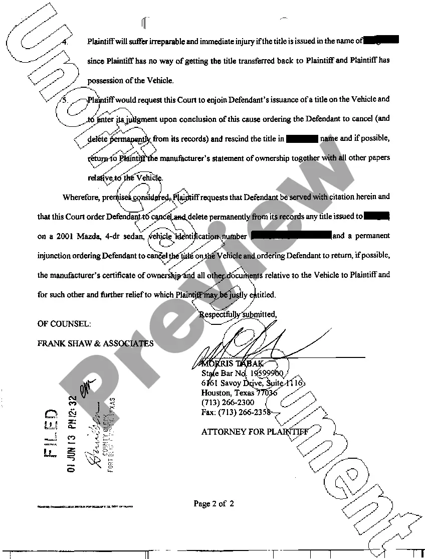 Preview A01 Original Petition for Permanent Injunction