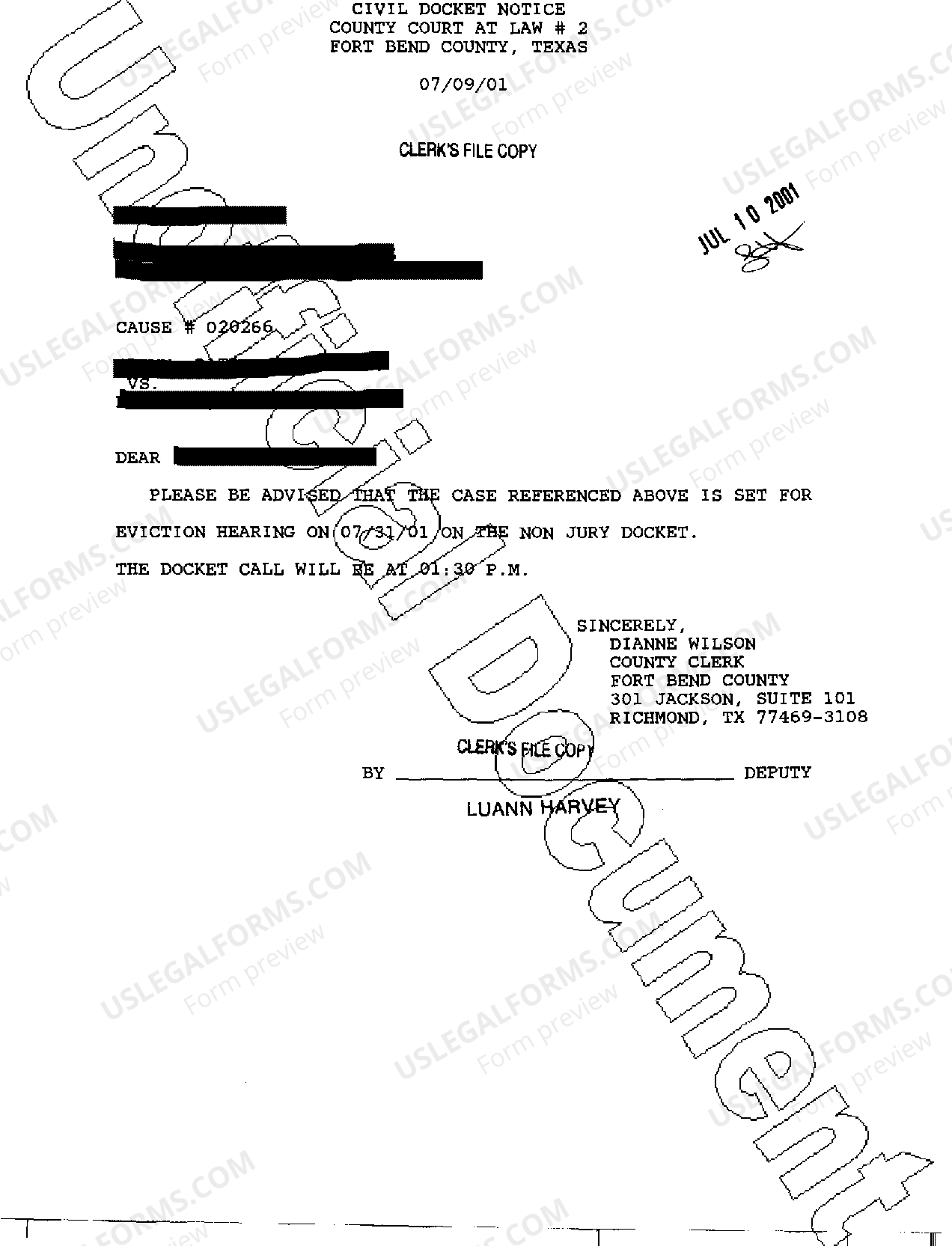 Harris Texas Civil Docket Notice US Legal Forms