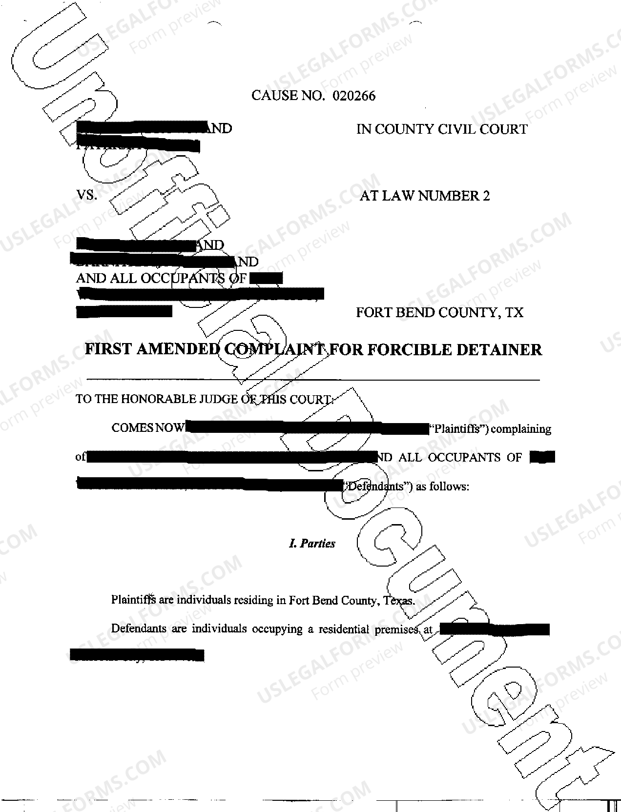 Grand Prairie Texas First Amended Complaint for Forcible Detainer US Legal Forms