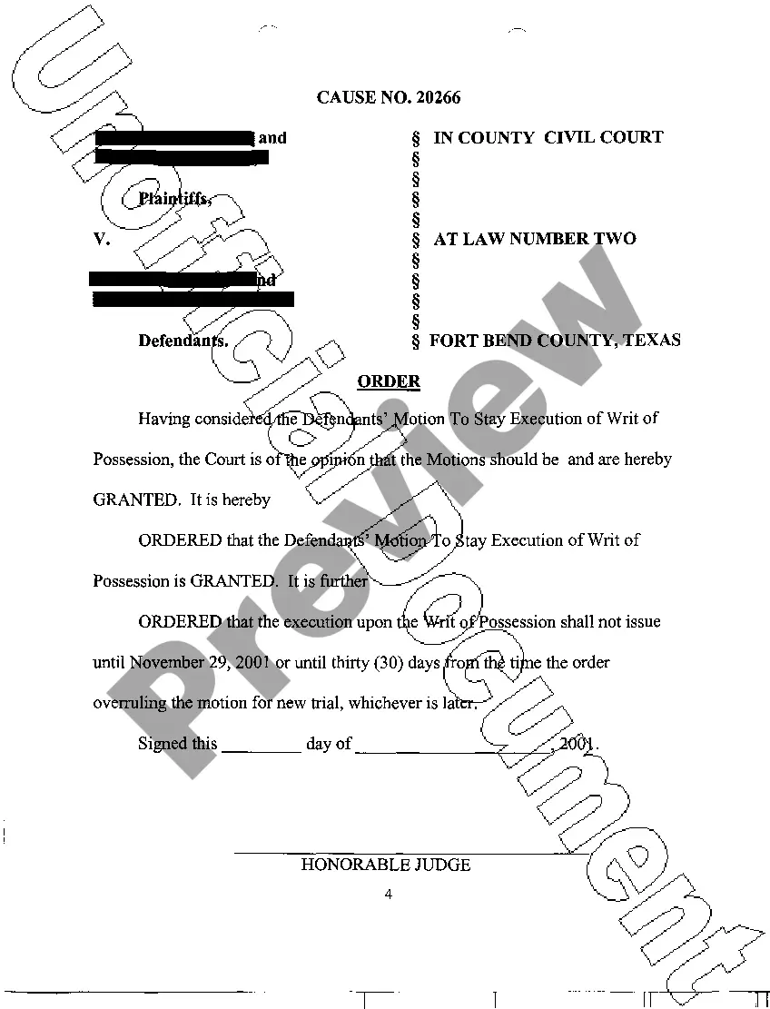 Preview A16 Proposed Order to Stay Execution of Writ of Possession