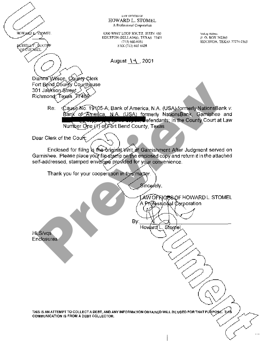Dallas Texas Writ of Garnishment Writ Of Garnishment Texas US Legal