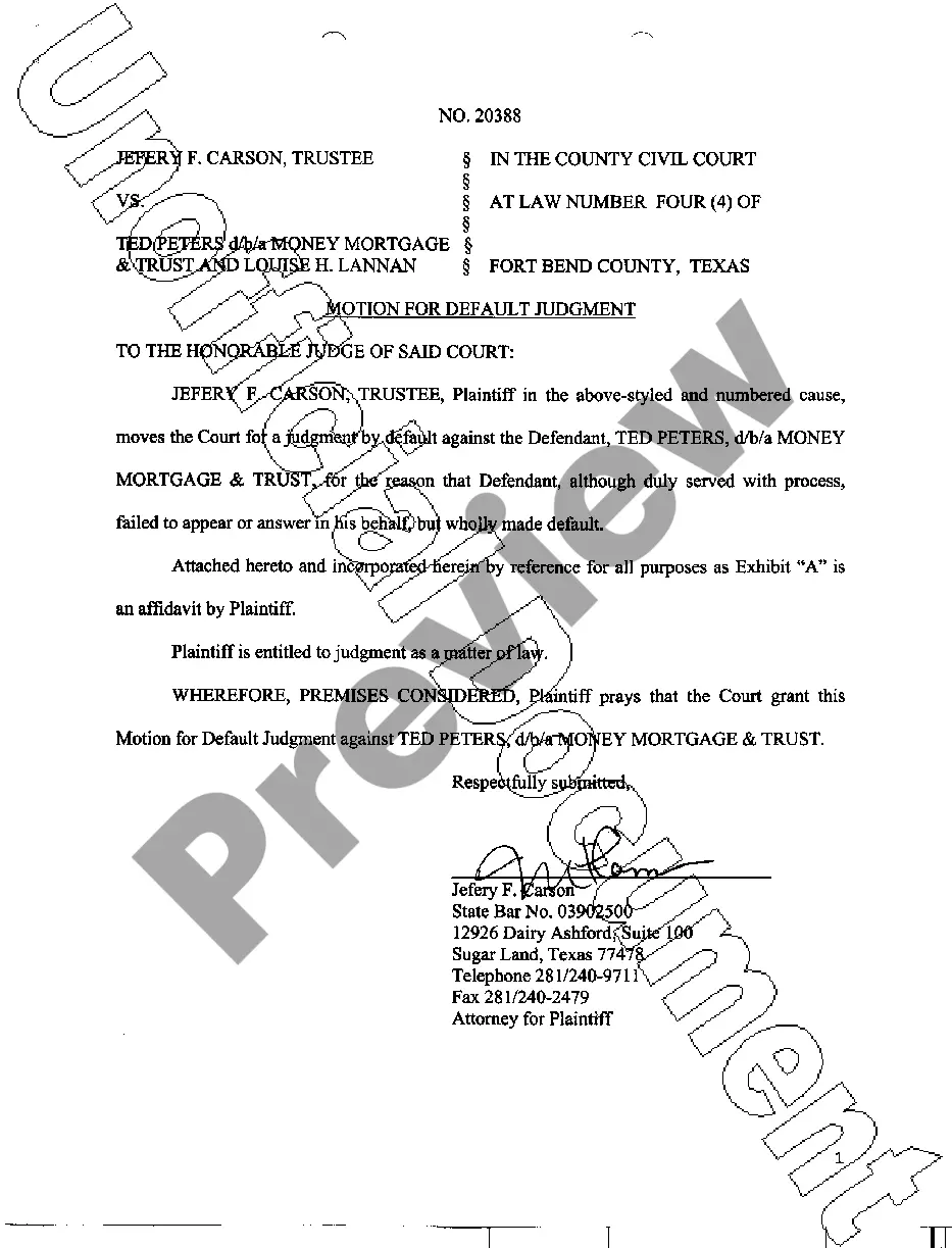 Texas Motion for Default Judgment Motion For Default Judgment Texas