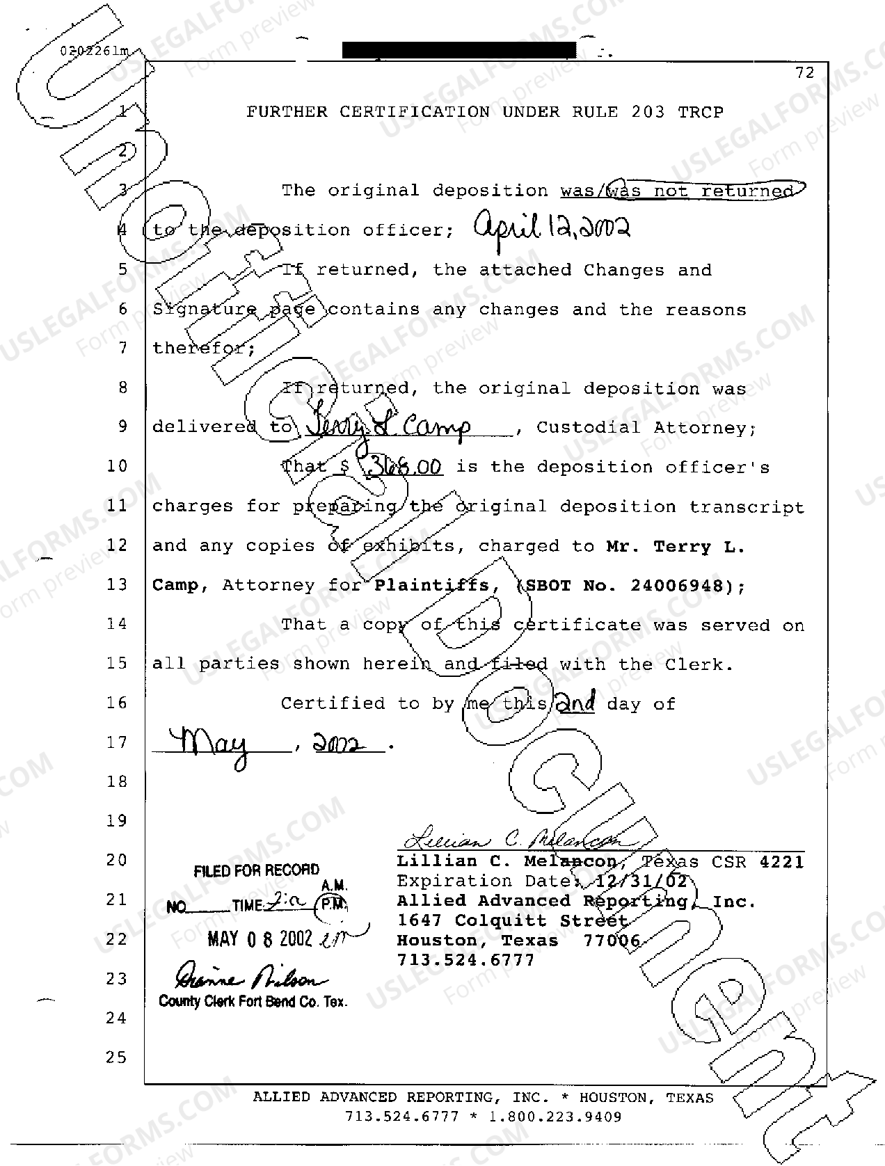 Houston Texas Certification of Deposition US Legal Forms