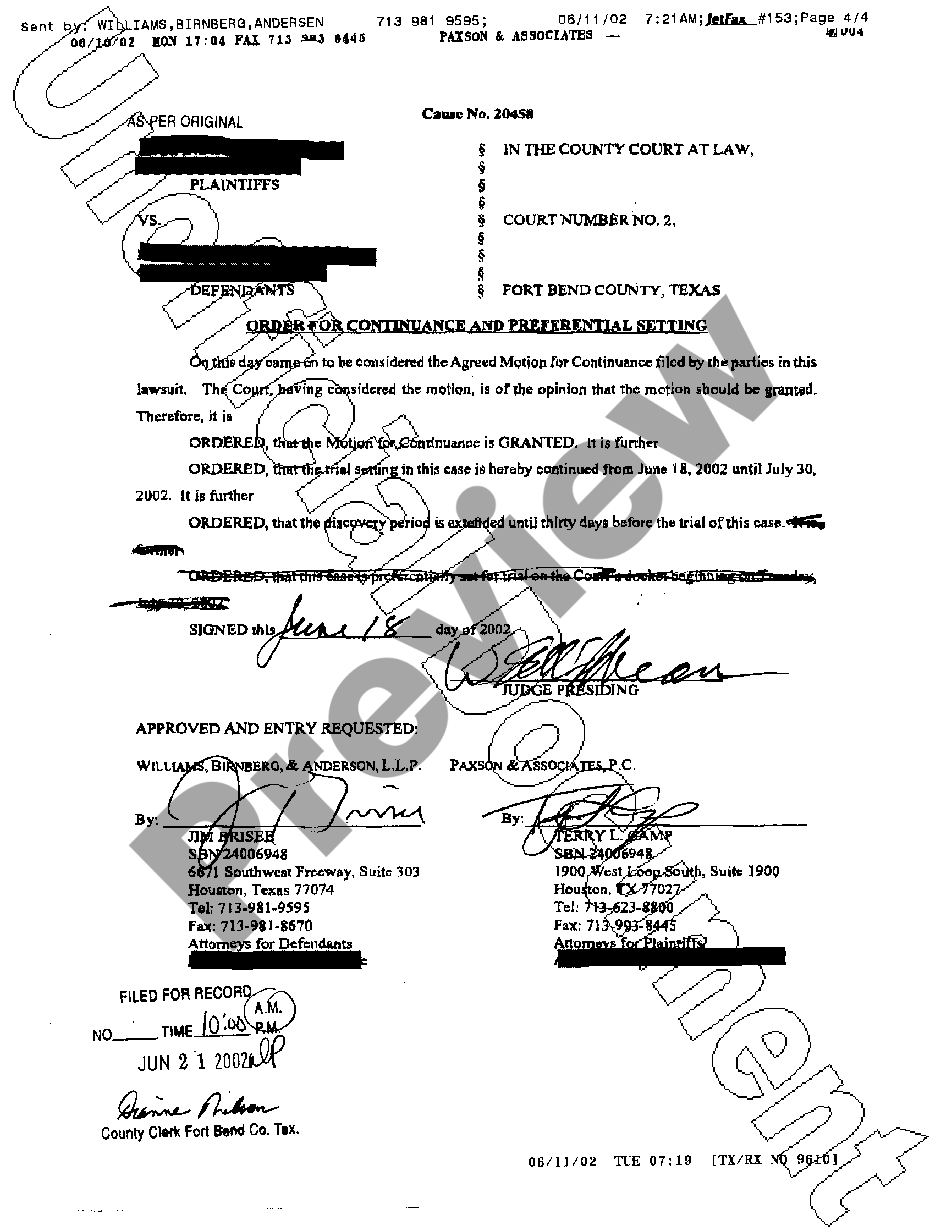 Texas Order For Continuance Us Legal Forms 0915