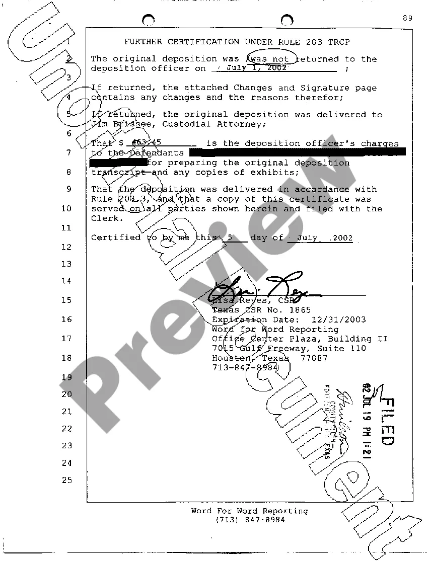 Preview A18 Court Reporter's Certificate of Oral Deposition
