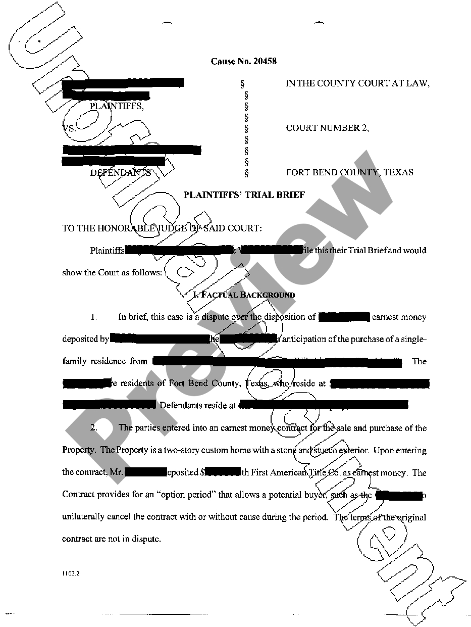 Texas Plaintiff's Trial Brief Trial Brief Sample US Legal Forms