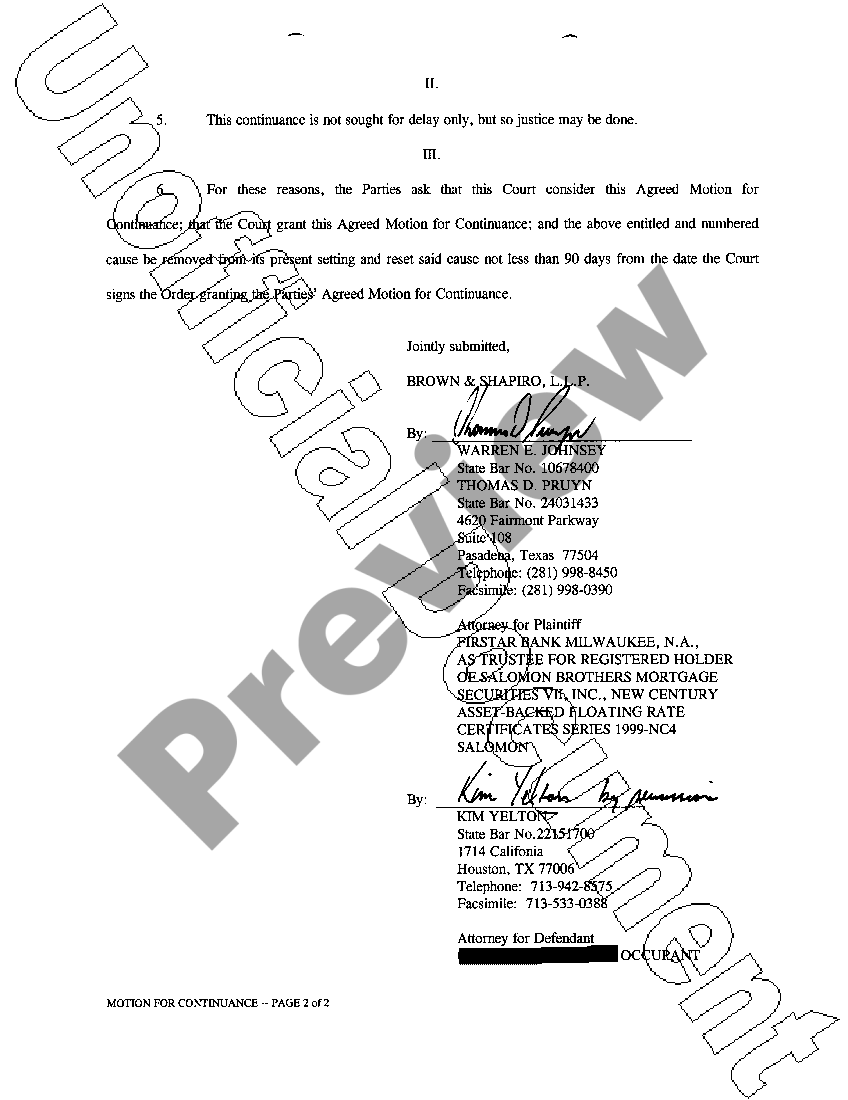 Plano Texas Agreed Motion for Continuance US Legal Forms