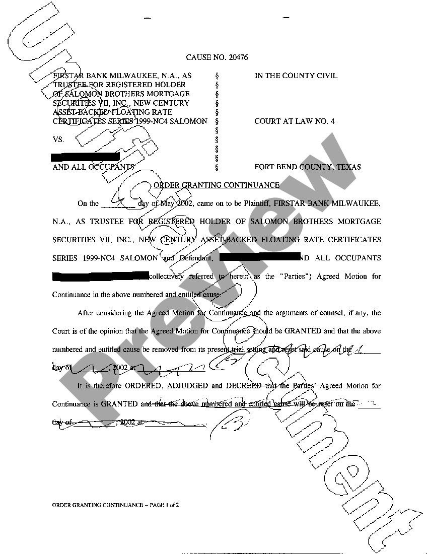 Texas Order Granting Continuance US Legal Forms