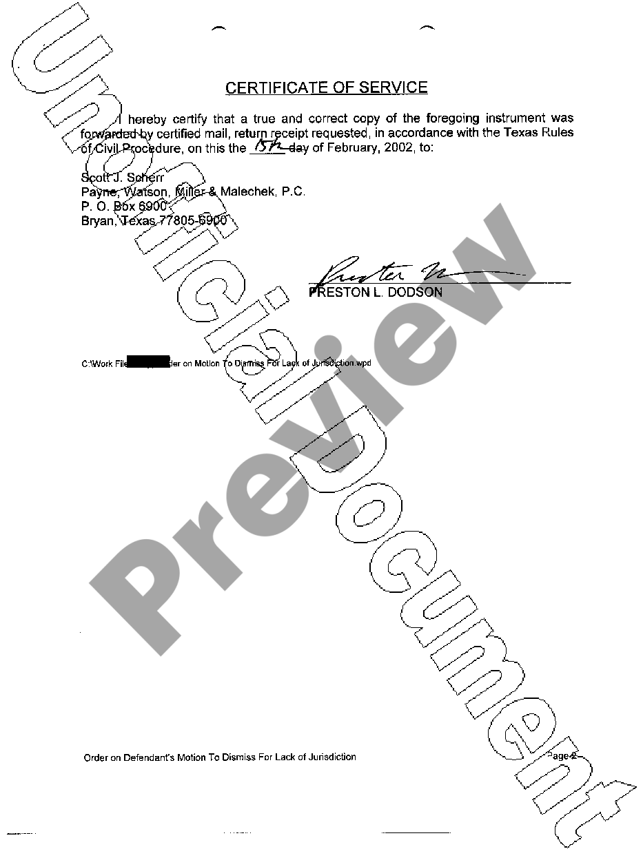 Dallas Texas Order of Dismissal US Legal Forms