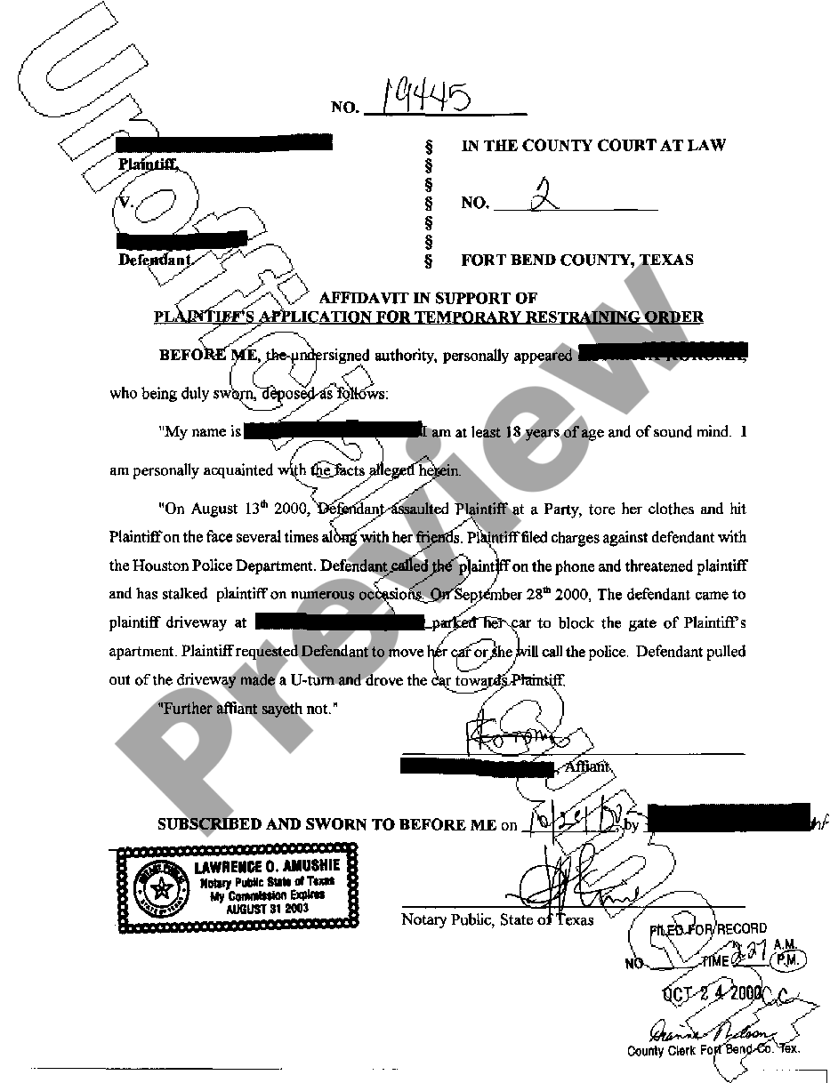 Amarillo Texas Application For Temporary Restraining Order Us Legal Forms 3762