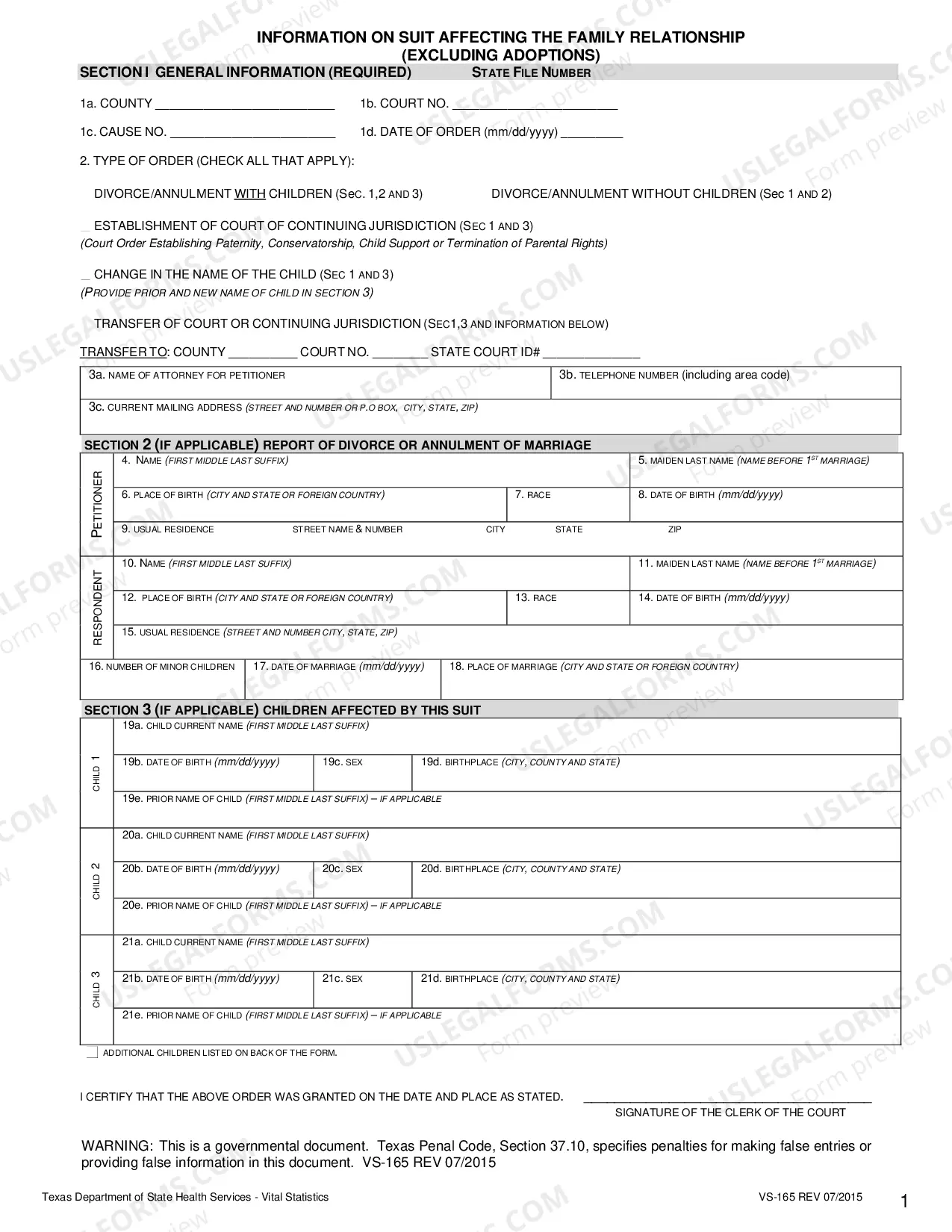 Preview BVS Form - Information on Suit Affecting the Family Relationship (Excluding Adoptions) - Form VS-165