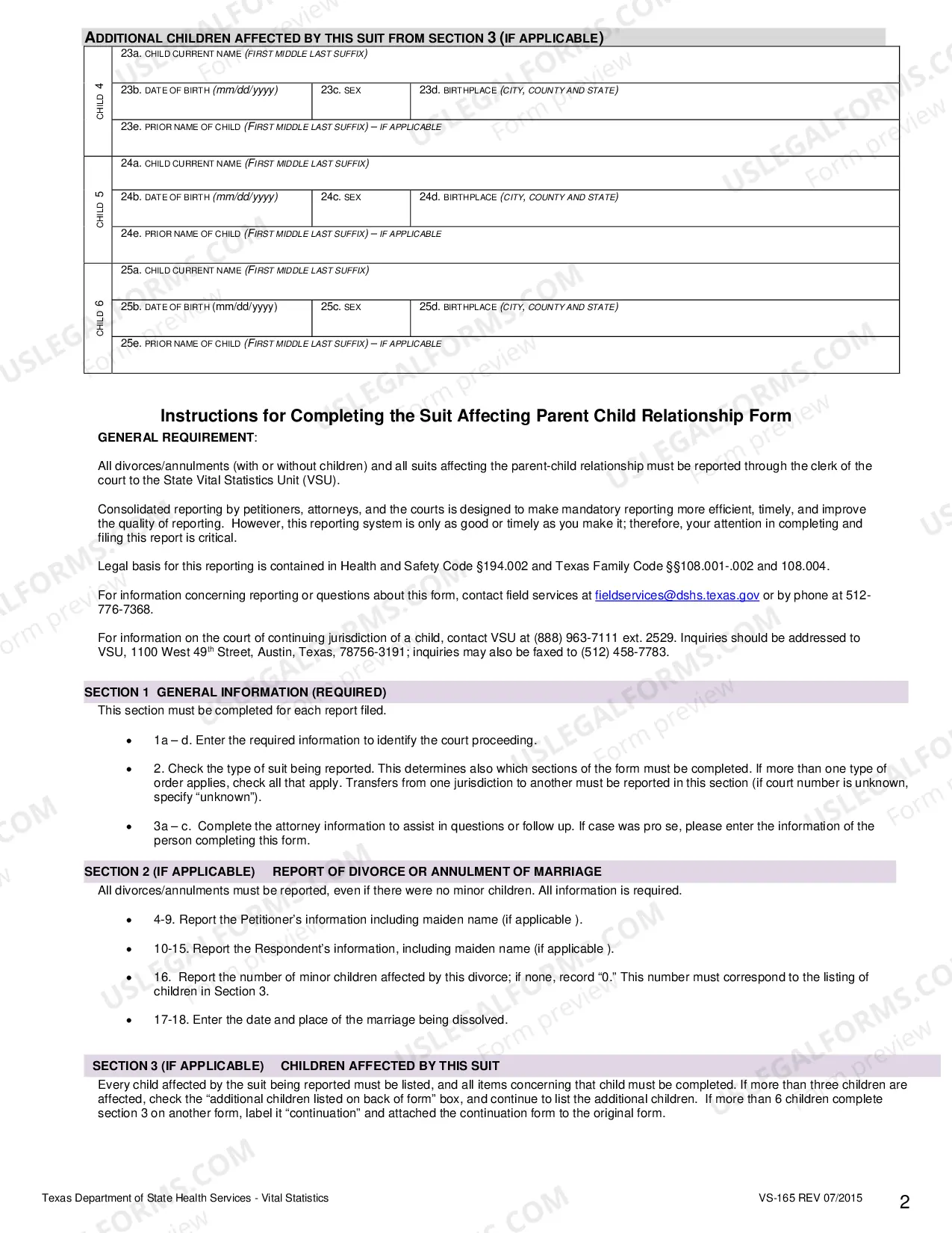 Preview BVS Form - Information on Suit Affecting the Family Relationship (Excluding Adoptions) - Form VS-165