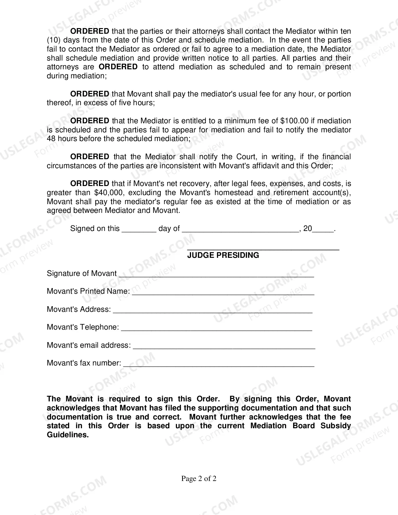 Preview Subsidized Mediation - Proposed Order