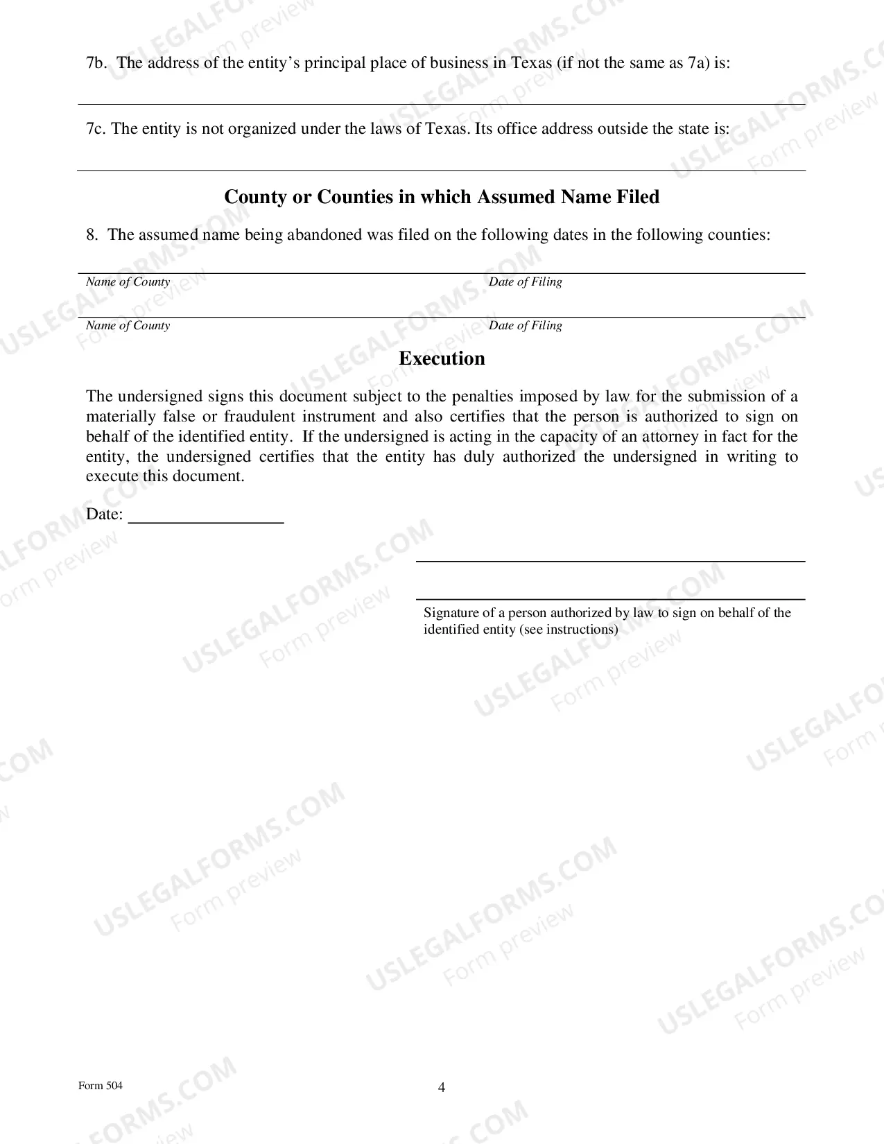 Preview Abandonment of Assumed Name Certificate
