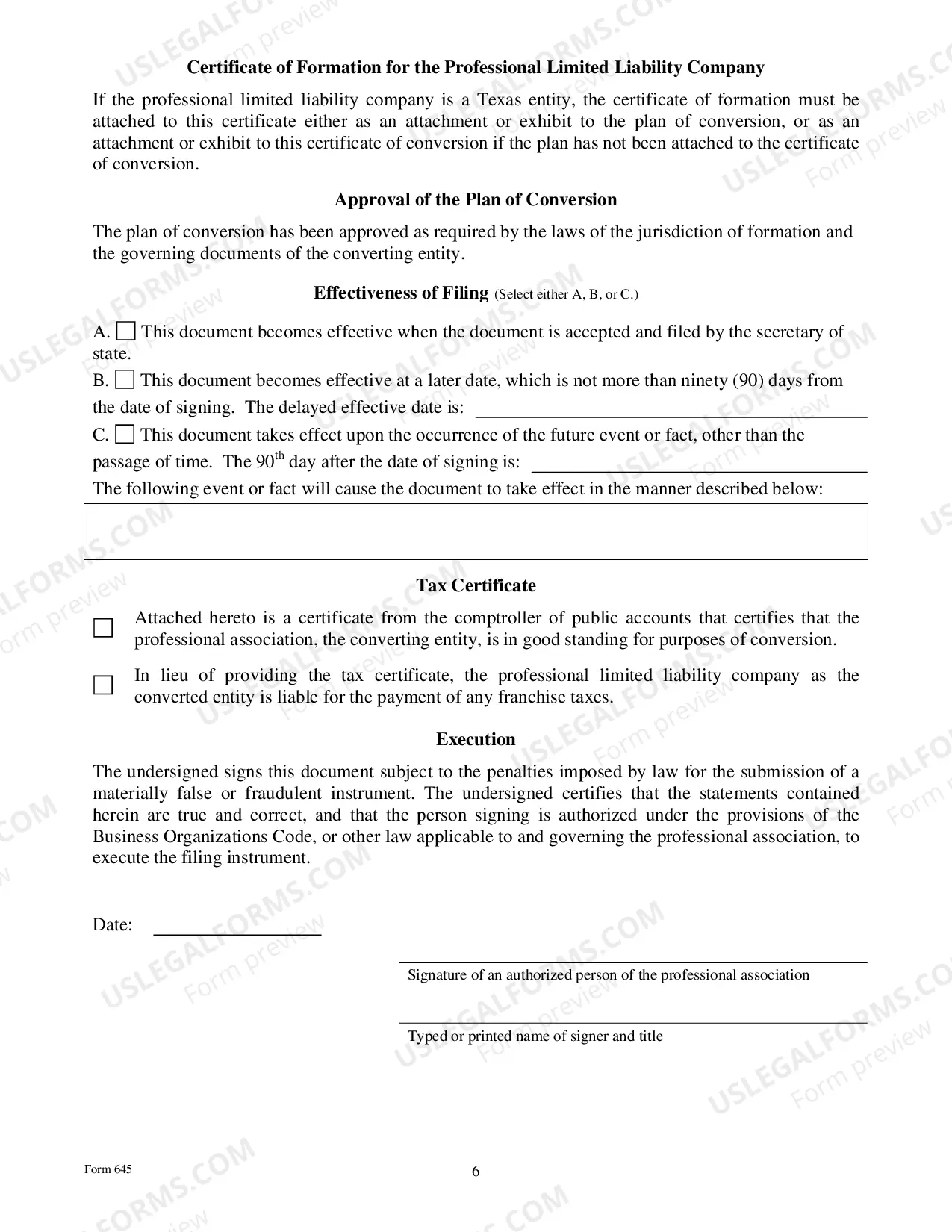 Preview Certificate of Conversion (Professional Association To LLC)