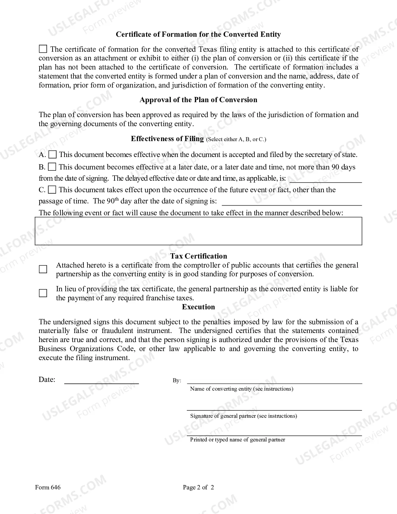 Preview Certificate of Conversion (General Partnership To Filing Entity)