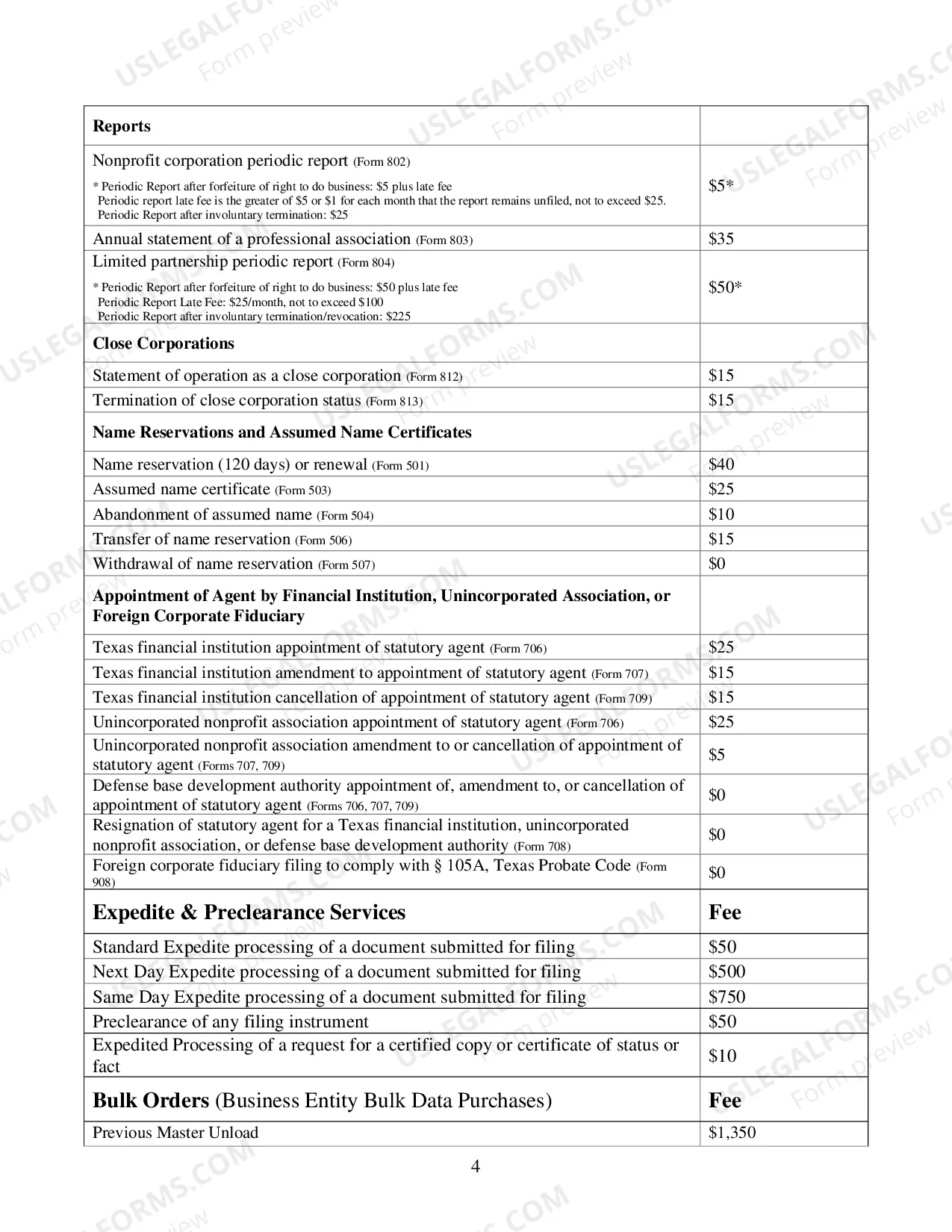 Preview Fee Schedule