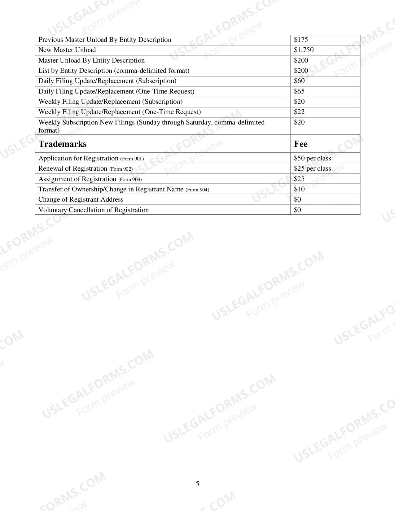 Preview Fee Schedule