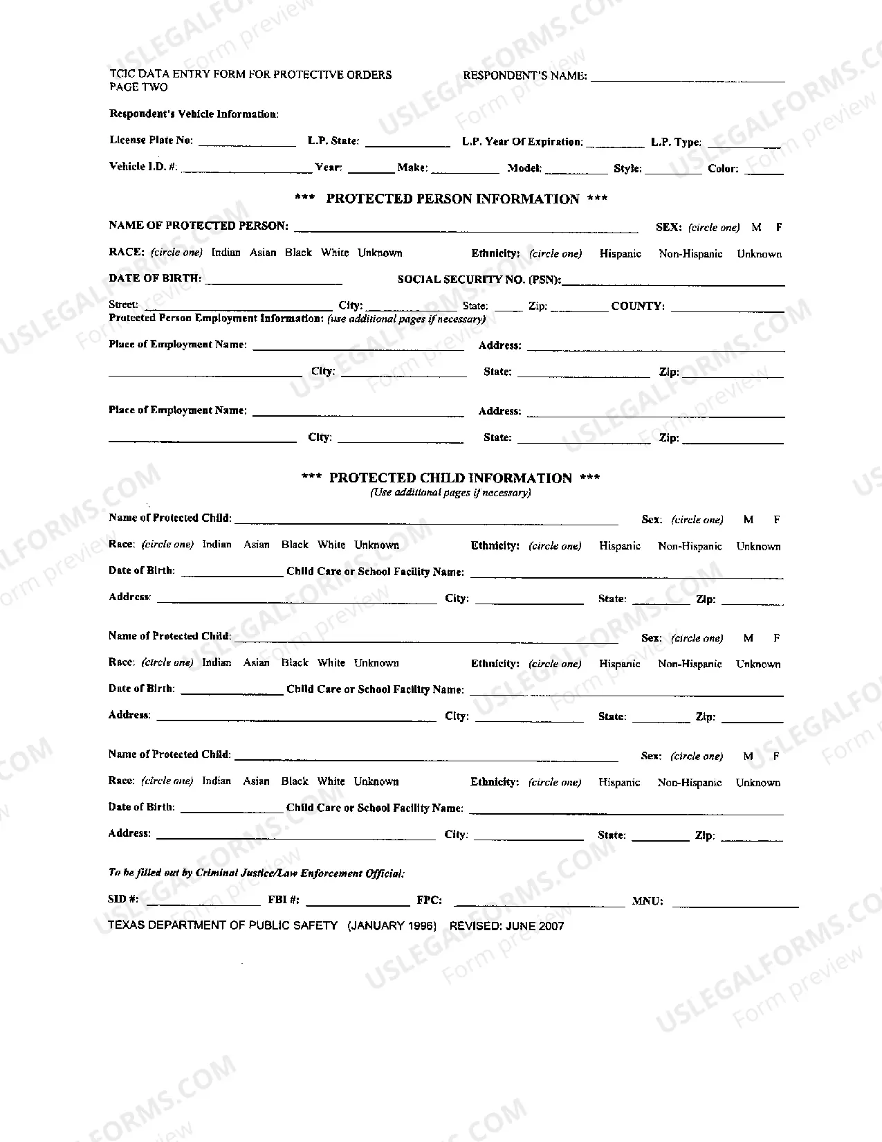 Preview Protective Order TCIC Data Entry Form