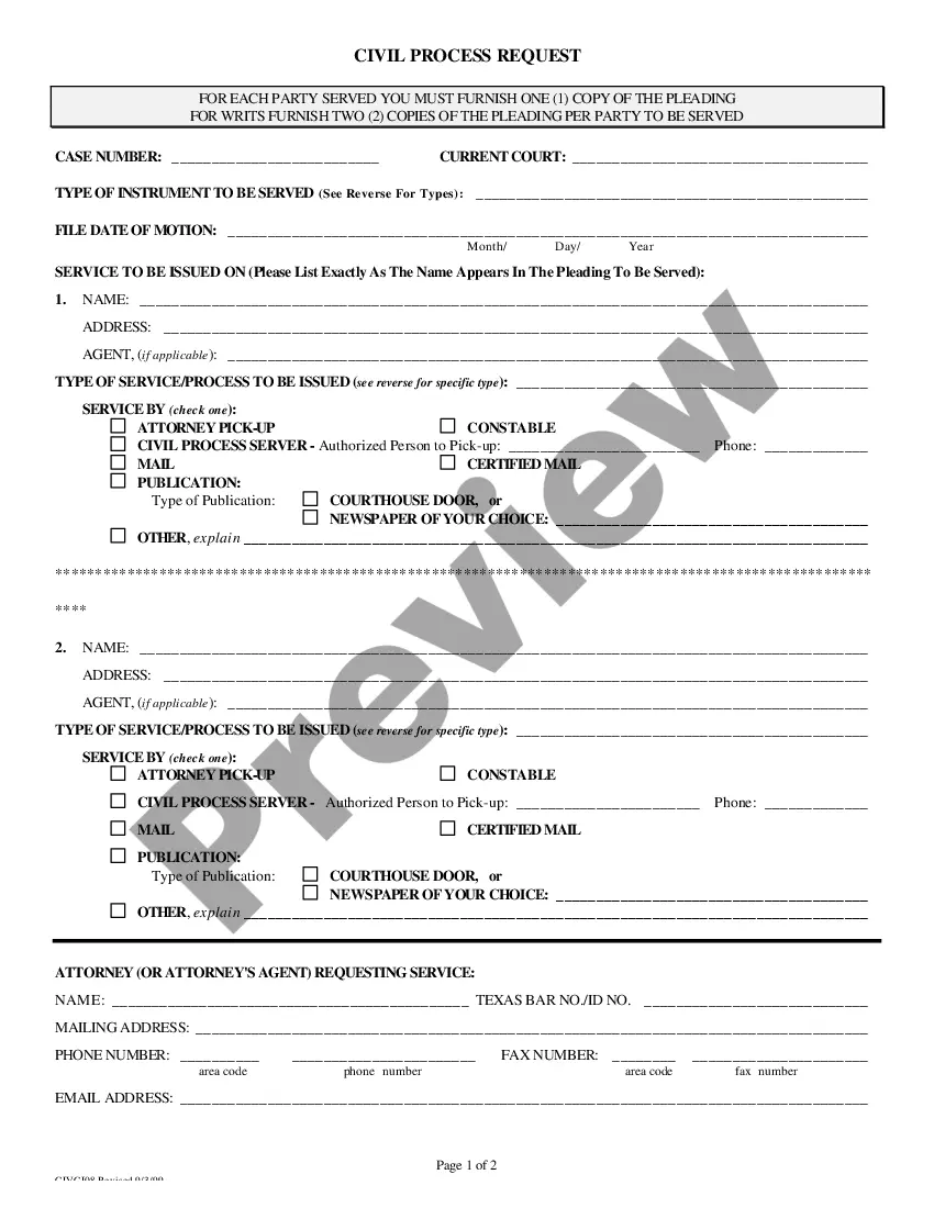 Bexar Texas Civil Process Request Request for process bexar county