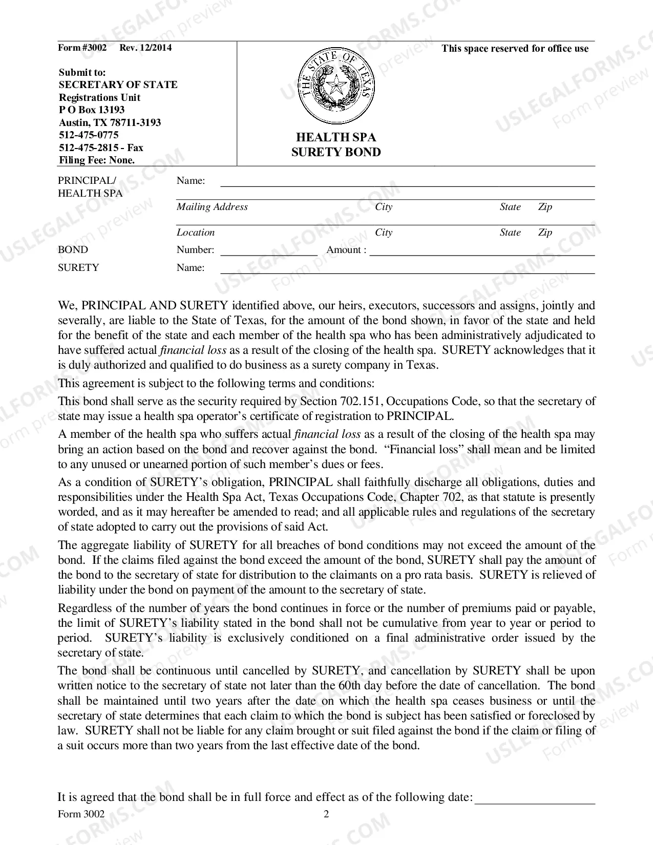 Preview Health Spa Surety Bond