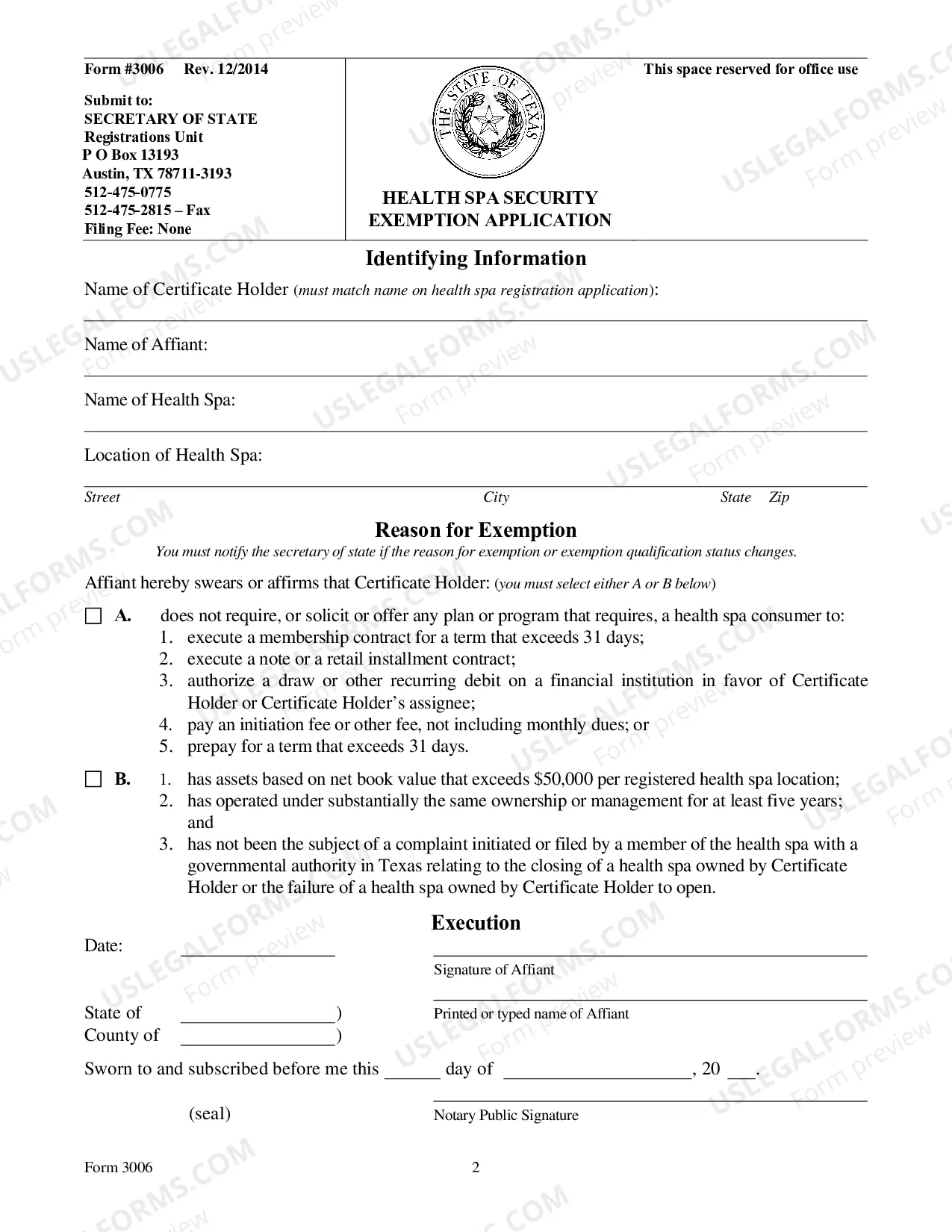 Preview Health Spa Security Exemption Application