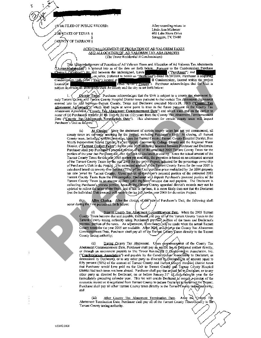 Tarrant Texas Acknowledgment for Proration of Ad Valorem Taxes US Legal Forms