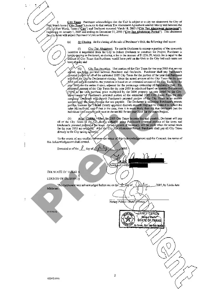 Preview Acknowledgment for Proration of Ad Valorem Taxes