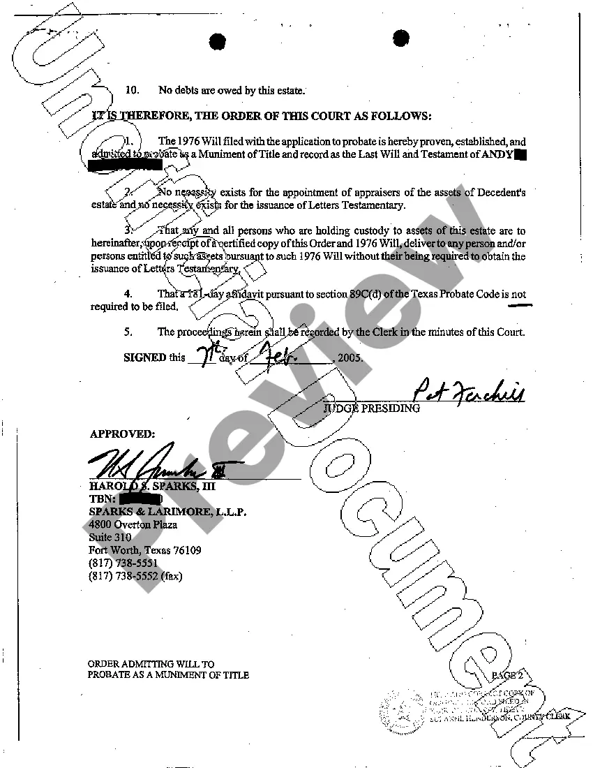 Get Order Admitting Will to Probate and Last Will and Testament Preview Order Admitting Will to Probate and Last Will and Testament