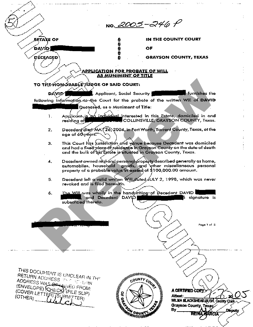 Plano Texas Application and Order of Probate of Will as Muniment of