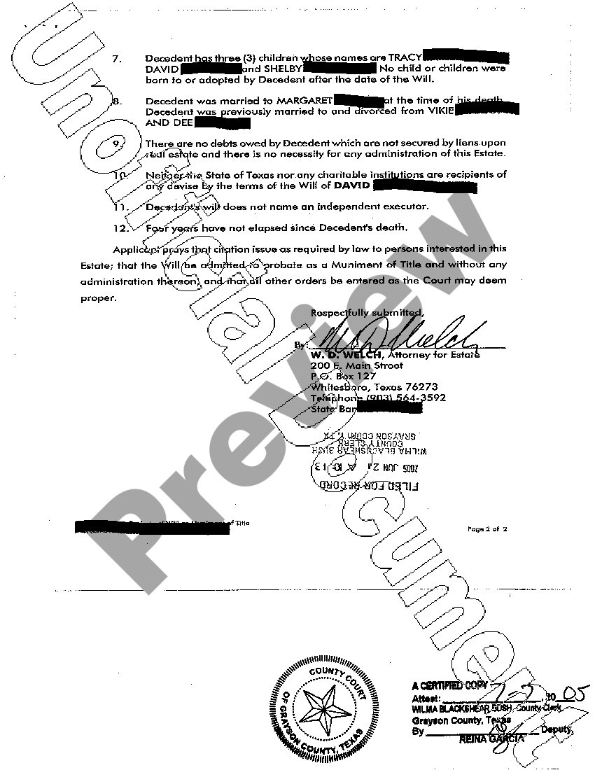 Plano Texas Application and Order of Probate of Will as Muniment of