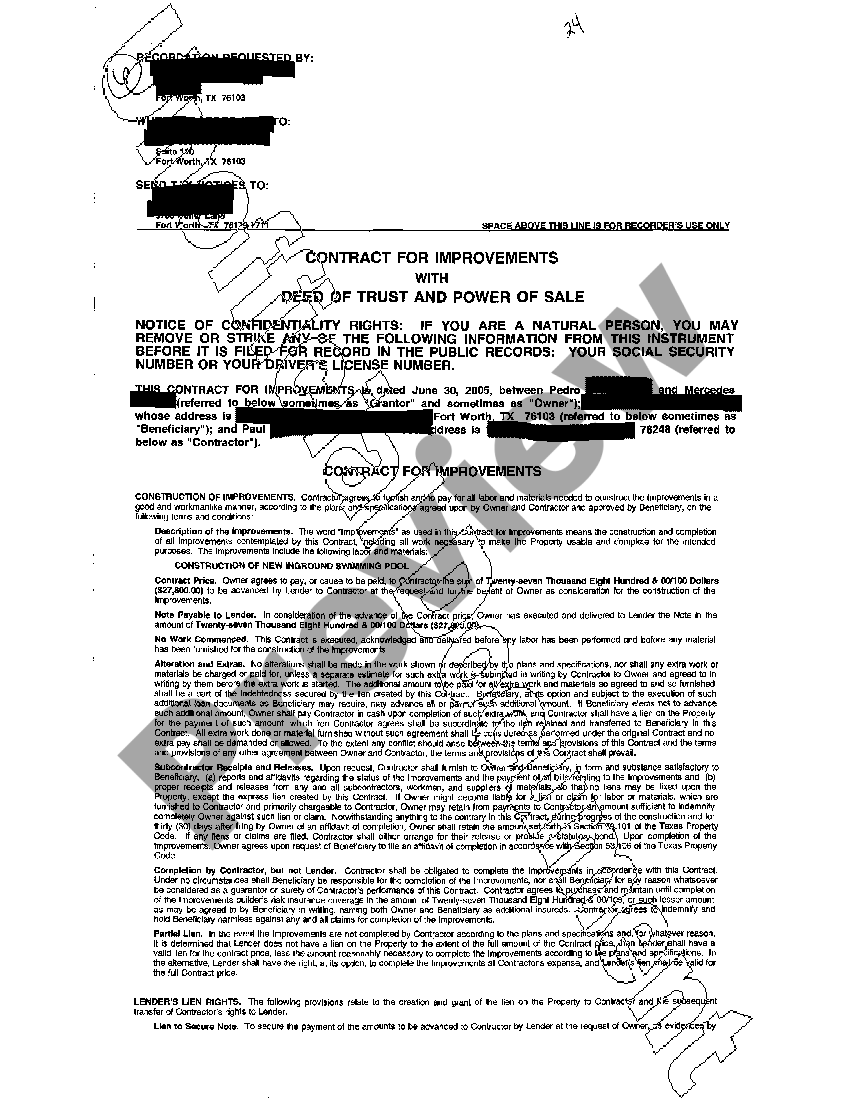 Harris Texas Contracts for Improvements with Deed of Trust and Power of