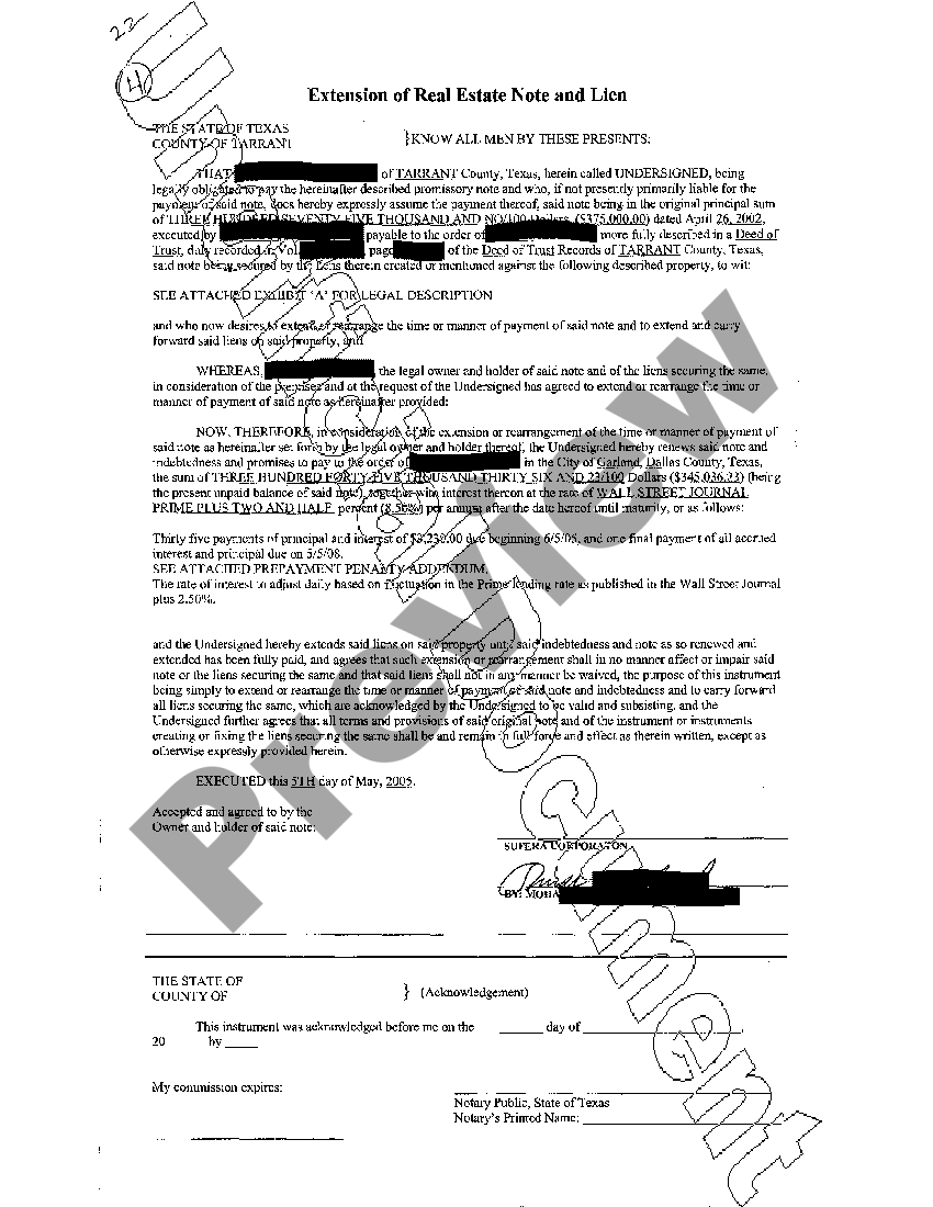 Harris Texas Extension of Real Estate Note and Lien Renewal And Extension Rider In Texas US