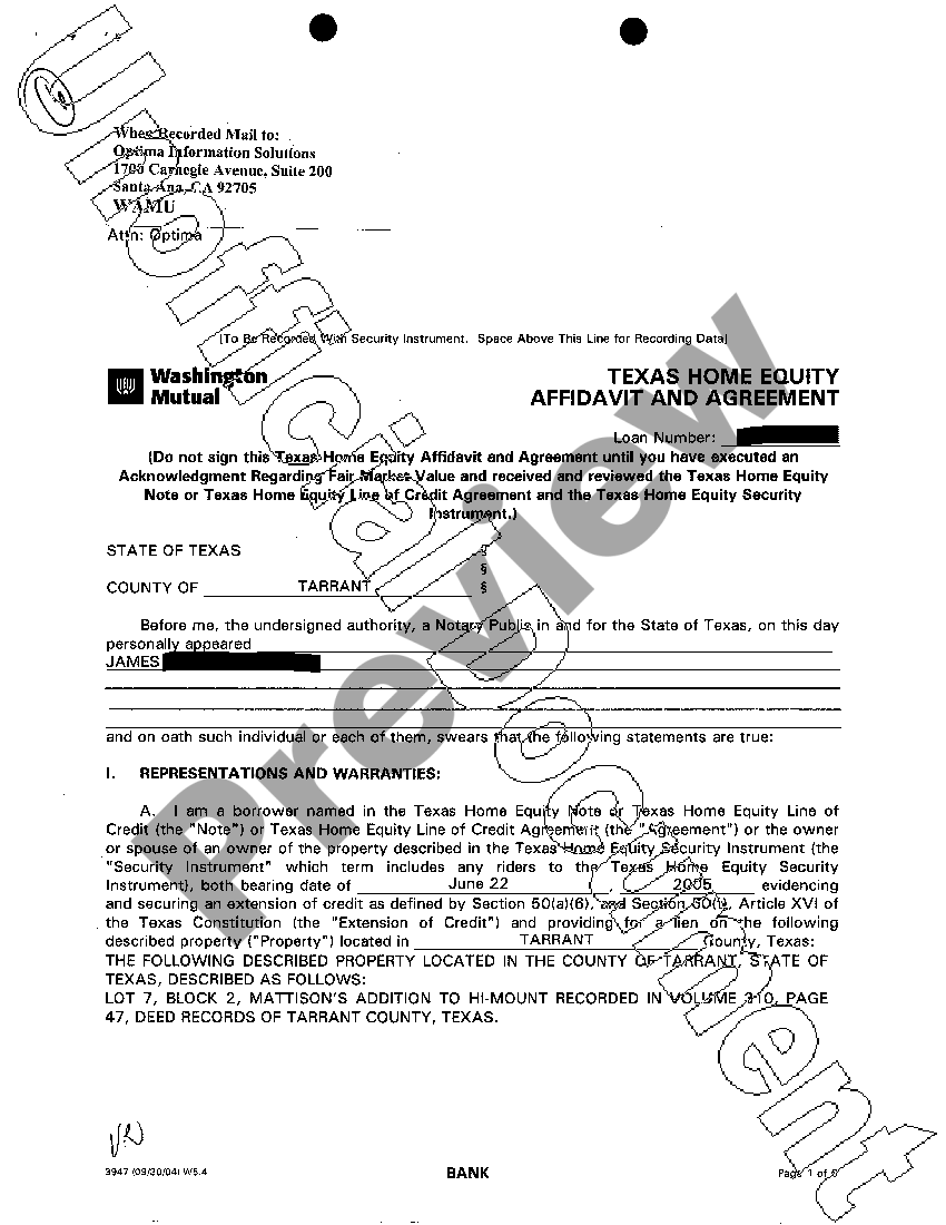 Frisco Texas Home Equity Affidavit and Agreement Texas Home Equity