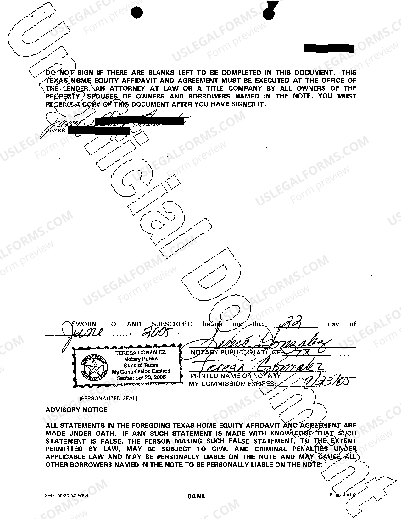 Round Rock Texas Home Equity Affidavit and Agreement Texas Home