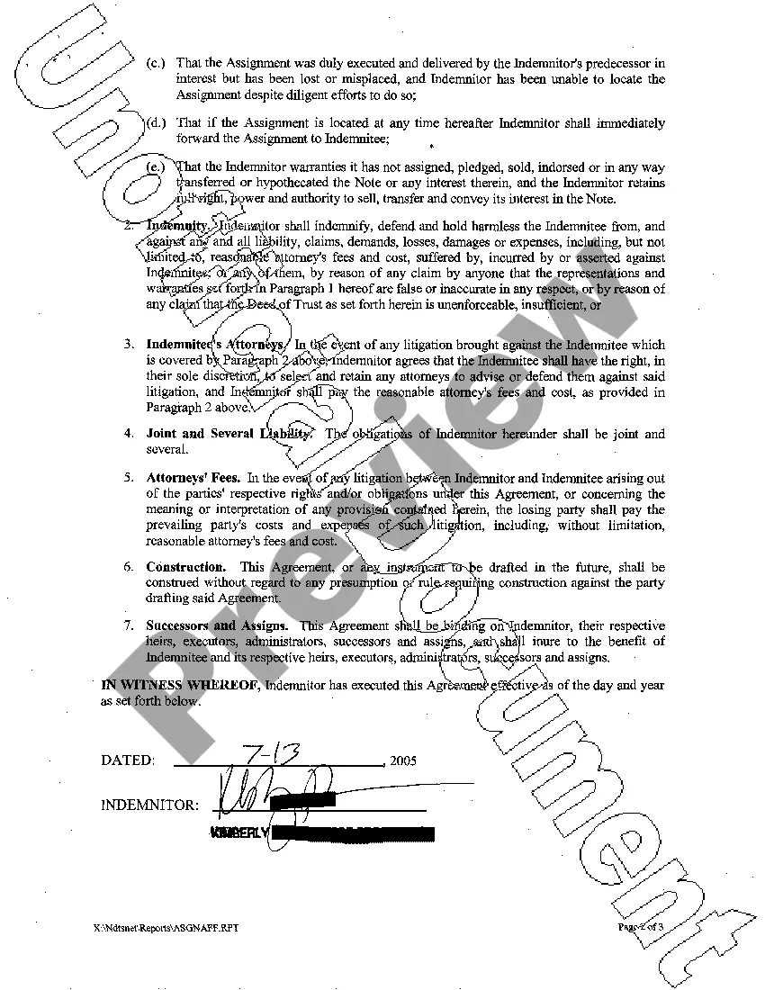 Get Lost Assignment of Deed of Trust Affidavit and Indemnification Agreement Preview Lost Assignment of Deed of Trust Affidavit and Indemnification Agreement