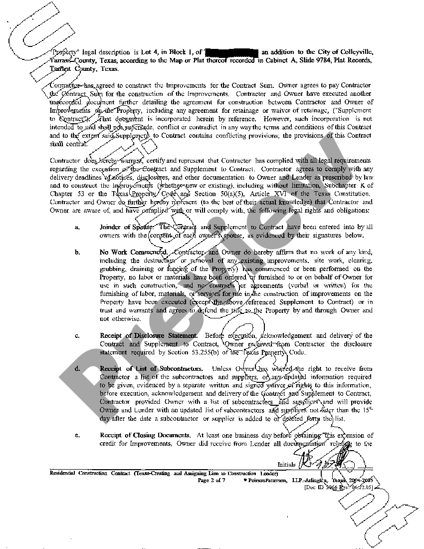 Texas Residential Construction Contract Form US Legal Forms