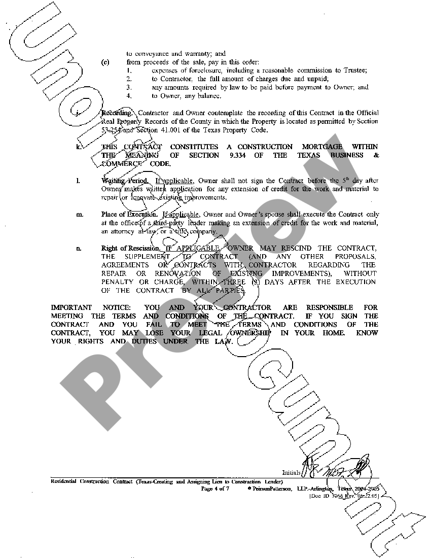 Waco Texas Residential Construction Contract US Legal Forms