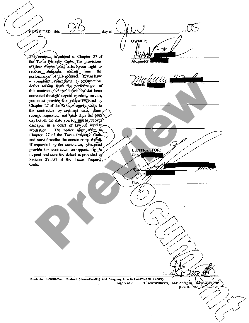 Texas Residential Construction Contract Form US Legal Forms