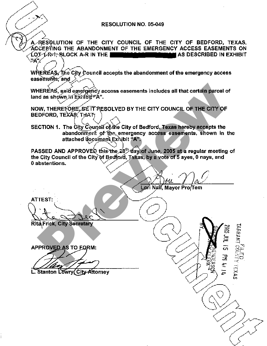 Houston Texas City Council Resolution for Abandonment of Easement US