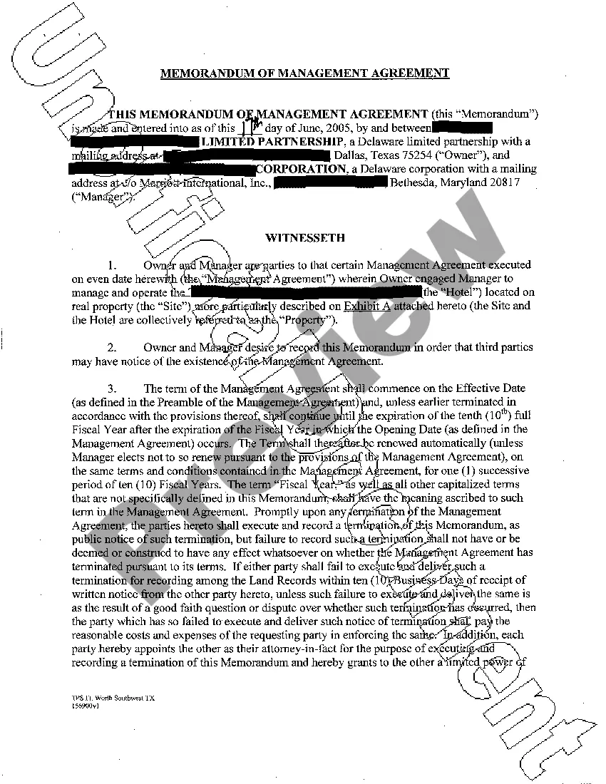 Preview Memorandum of Management Agreement