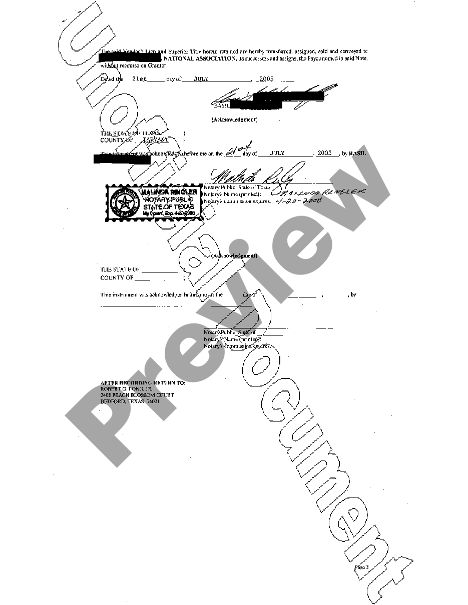Waco Texas Warranty Deed with Vendor's Lien Lien Waiver Form Texas